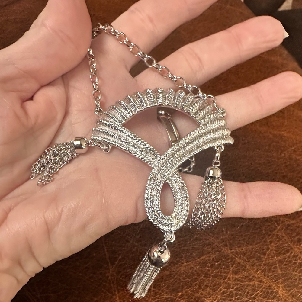 Silver Necklace with fan shape pendant and Tassel Accents